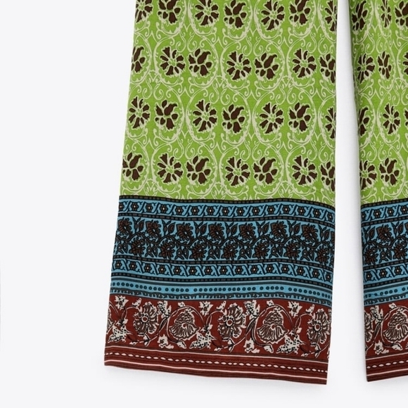 New Zara Full Length Printed High Waist Wide Leg Boho Green Pants NWT - Picture 9 of 13